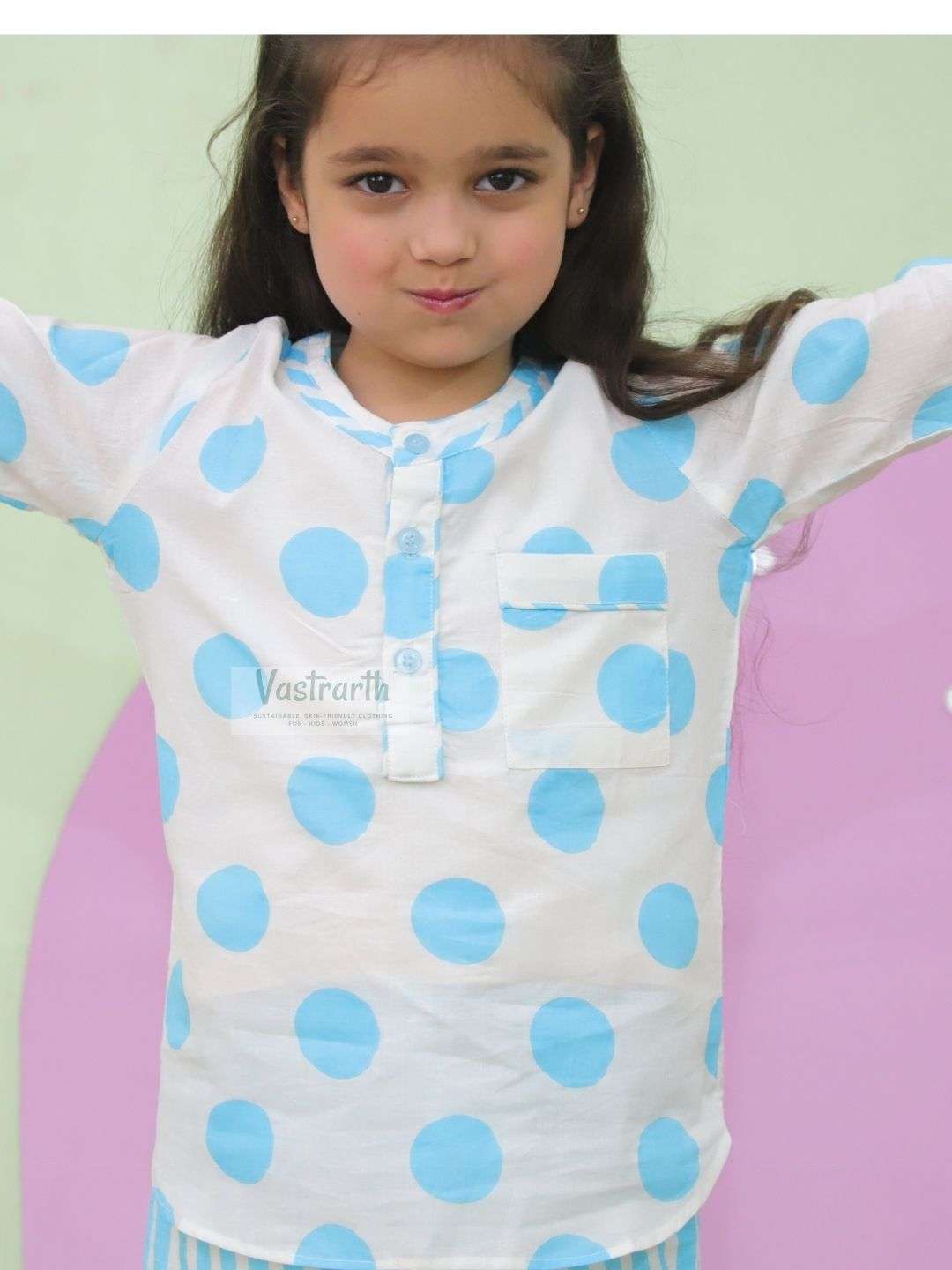 Polka Dot Blue Co-ord Night Suit for Girls - Image 3