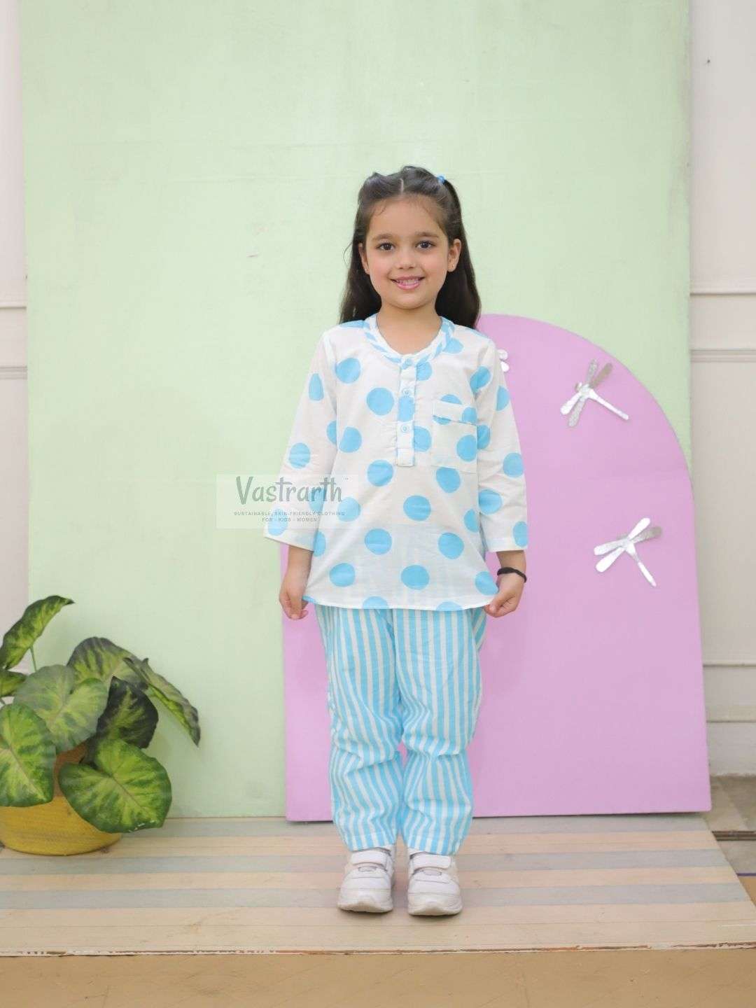 Polka Dot Blue Co-ord Night Suit for Girls - Image 2